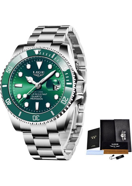 Gümüş Yeşil Üst Marka Lıge Saatler Erkek Lüks Saat Rahat Paslanmaz Çelik Erkekler Izle Spor 30ATM Su Geçirmez Kuvars Kol Saati Erkekler Için (Yurt Dışından)