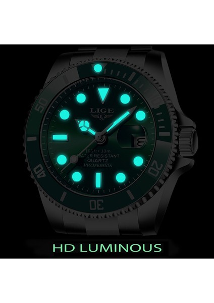 Gümüş Yeşil Üst Marka Lıge Saatler Erkek Lüks Saat Rahat Paslanmaz Çelik Erkekler Izle Spor 30ATM Su Geçirmez Kuvars Kol Saati Erkekler Için (Yurt Dışından) fiyatları