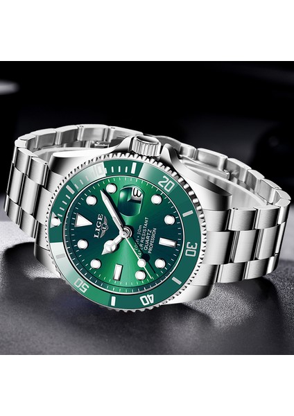 Gümüş Yeşil Üst Marka Lıge Saatler Erkek Lüks Saat Rahat Paslanmaz Çelik Erkekler Izle Spor 30ATM Su Geçirmez Kuvars Kol Saati Erkekler Için (Yurt Dışından) modelleri
