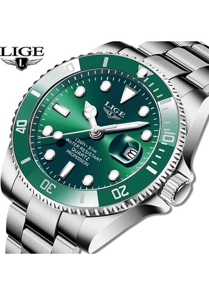 Gümüş Yeşil Üst Marka Lıge Saatler Erkek Lüks Saat Rahat Paslanmaz Çelik Erkekler Izle Spor 30ATM Su Geçirmez Kuvars Kol Saati Erkekler Için (Yurt Dışından) indirimleri