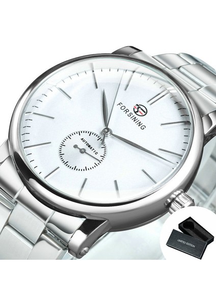 Bo Gümüş-Gümüş-Beyaz Forsining Minimalist Siyah Erkekler Için Otomatik Saat Mekanik Kol Saatleri Yeni Basit Rahat Klasik Iş Metal Часы Мужские (Yurt Dışından)