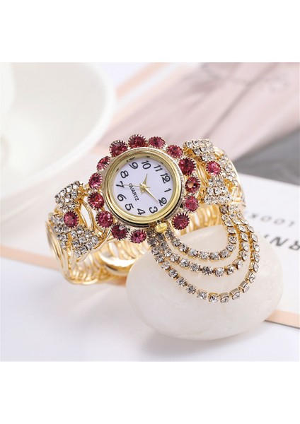 Kırmızı Renkli Lüks Bilezik Saatler Kadınlar Için Rhinestones ile Kristal Analog Bayanlar Kuvars Saatı Bayanlar Elbise Hediyelik Saat (Yurt Dışından) fırsatları