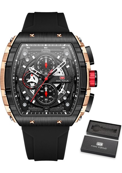 0399ROSE Black-Box Mını Focus Kronograf Kuvars Izle Erkekler Için Tonneau Dial Turuncu Silikon Kayışlı Askeri Spor Kol Saati Otomatik Tarih 0399 (Yurt Dışından)