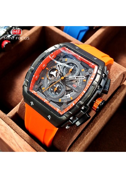 0399ROSE Black-Box Mını Focus Kronograf Kuvars Izle Erkekler Için Tonneau Dial Turuncu Silikon Kayışlı Askeri Spor Kol Saati Otomatik Tarih 0399 (Yurt Dışından) indirimleri