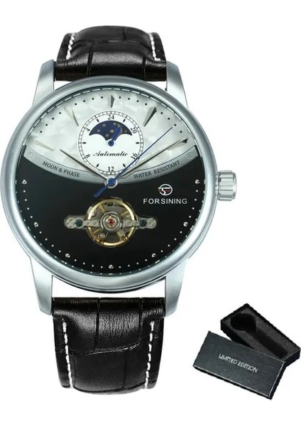 Bo Gümüş-Sıyah Forsining Mekanik Izle Erkekler Otomatik Klasik Mavi Ay Fazı Tourbillon Hakiki Deri Saatler Relogio Masculino Dropship (Yurt Dışından)