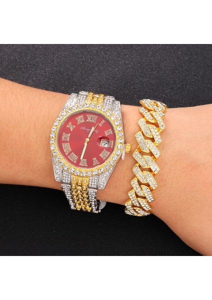 Diğer Buzlu Kırmızı Renk Izle Kadın Lüks Elmas Taklidi Küba Zincir Bilezik Saatler Moda Kol Saati Hip Hop Takı Yeni (Yurt Dışından) fırsatları