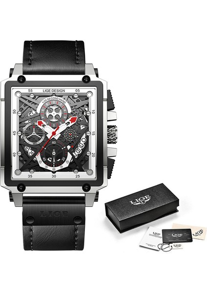 Deri Silverblack Lıge Erkekler Saatler Üst Marka Lüks Kare Izle Chronograph Spor Kol Saati Erkekler Için Moda Tarih Su Geçirmez Saat Reloj Hombre (Yurt Dışından)