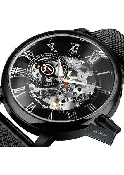 Bo Tüm Siyah Forsınıng Erkekler Için Izle Mekanik Saatler Mavi Ultra Ince Örgü Kayış Moda Rahat Kol Saati Aydınlık Eller Saat (Yurt Dışından)