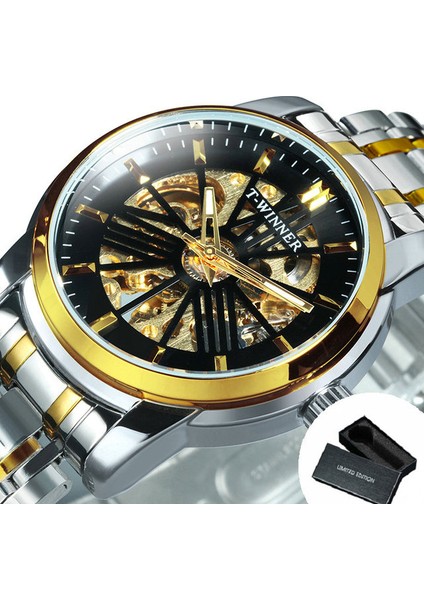Kutu Altın-Sıyah Kazanan Lüks Otomatik Erkek Izle Altın Şeffaf Mekanik Saatler Klasik Retro Paslanmaz Çelik Kayış Reloj Hombre (Yurt Dışından)