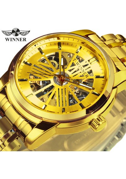 Kutu Altın-Sıyah Kazanan Lüks Otomatik Erkek Izle Altın Şeffaf Mekanik Saatler Klasik Retro Paslanmaz Çelik Kayış Reloj Hombre (Yurt Dışından) modelleri