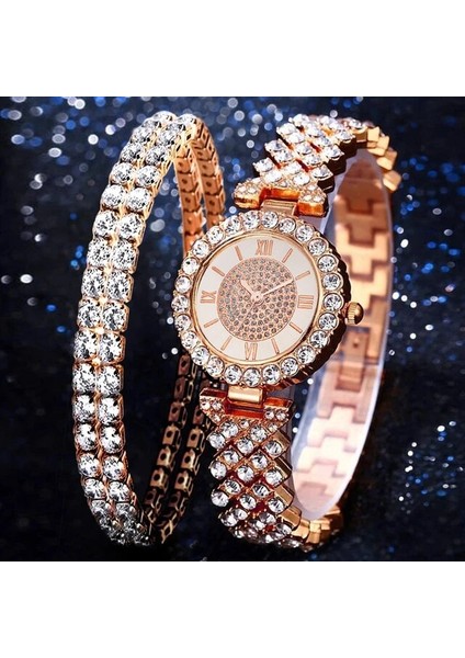 Gül Altın Set3 Lüks Kadın Gül Altın Izle Moda Bayanlar Kuvars Elmas Kol Saati Zarif Kadın Bilezik Saatler 2 Adet Set Reloj Mujer (Yurt Dışından)