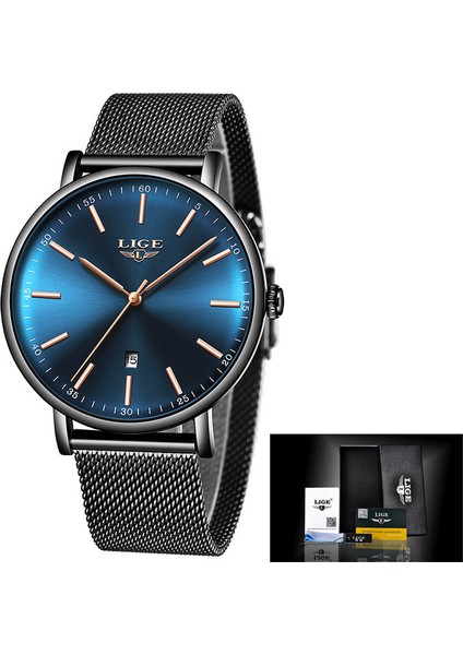 Siyah Mavi Altın Lıge Erkek Saatler Top Marka Lüks Su Geçirmez Ultra Ince Saat Mavi Örgü Kemer Moda Rahat Kuvars Izle Erkekler Spor Kol Saati (Yurt Dışından)