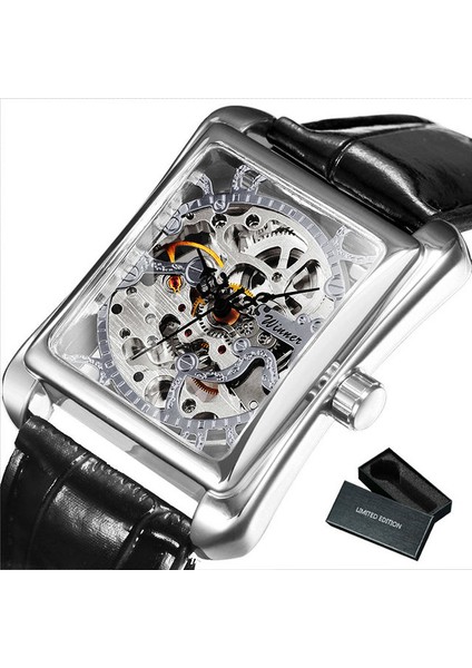 Bo Gümüş Kazanan Gümüş Dikdörtgen Izle Erkekler Moda Erkek Saatler Top Marka Lüks Deri Kayış Mekanik Kol Saati Hediye Horloges Mannen (Yurt Dışından)