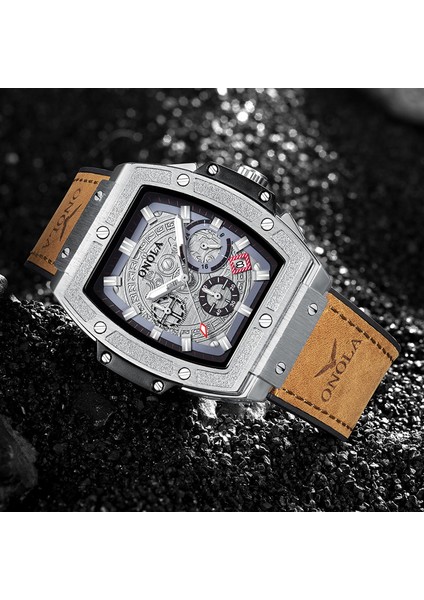 6825B Siyah Onola Tonneau Kare Büyük Kuvars Saat Adam Parlak Kronograf Kol Saati Moda Rahat Tarzı Lüks Erkek Izle Relogio Masculino (Yurt Dışından)