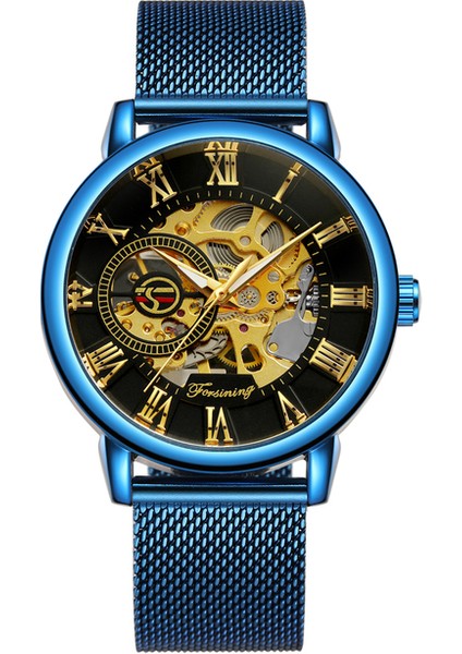 05 Forsınıng Altın Mekanik Saat Dairesel Içi Boş Alt Mekanik Hareket Saati Erkek ve Kadın Örgü Çelik Bant (Yurt Dışından)