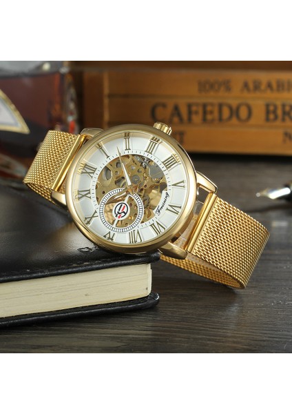 05 Forsınıng Altın Mekanik Saat Dairesel Içi Boş Alt Mekanik Hareket Saati Erkek ve Kadın Örgü Çelik Bant (Yurt Dışından) indirimleri