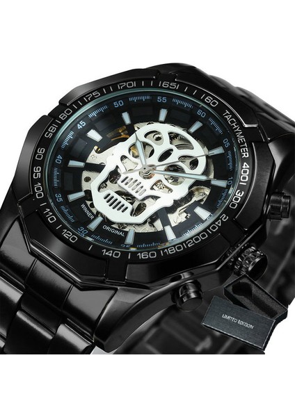 Bo Sıyah Beyaz Kazanan Resmi Erkek Saatler Top Marka Lüks Otomatik Mekanik Izle Erkekler Çelik Kayış Hip Hop Kafatası Iskeleti Dial Bilek Izle (Yurt Dışından)