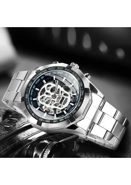 Bo Sıyah Beyaz Kazanan Resmi Erkek Saatler Top Marka Lüks Otomatik Mekanik Izle Erkekler Çelik Kayış Hip Hop Kafatası Iskeleti Dial Bilek Izle (Yurt Dışından) modelleri