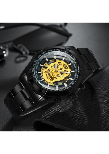 Bo Sıyah Beyaz Kazanan Resmi Erkek Saatler Top Marka Lüks Otomatik Mekanik Izle Erkekler Çelik Kayış Hip Hop Kafatası Iskeleti Dial Bilek Izle (Yurt Dışından) fırsatları