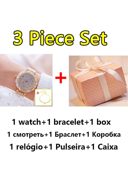 3 Adet Altın Moda Kadın Bilezik Saatler Paslanmaz Çelik Taklidi Kristal Bayanlar Kuvars Izle Kadın Elbise Saat Dropshiping Montre Femme (Yurt Dışından)