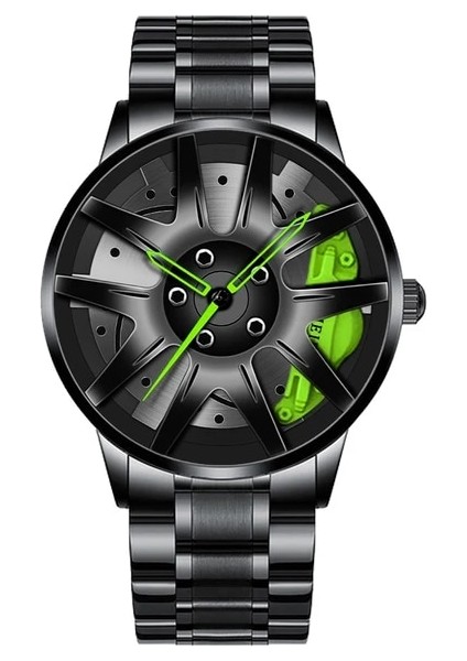 Yeşil Üst Izle Marka Araba Saatleri Erkekler Spor Kuvars Bilek Saatleri 3D Spor Jant Tekerlek Göbeği Kol Saati Araba Kuvars Erkek Saatler (Yurt Dışından)