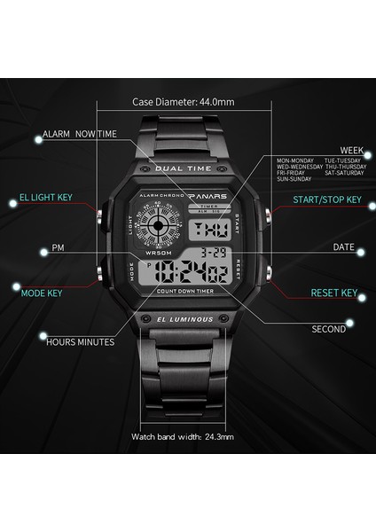 9619C Siyah Panars Dijital Saat Erkek Saati Iş 5bar Su Geçirmez Paslanmaz Çelik Kayış Kol Saati Erkekler Hediyeler Relogio Masculino Yenı (Yurt Dışından) fırsatları