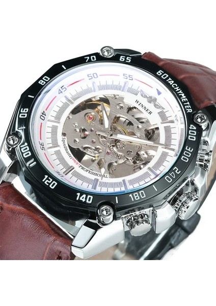 Kahve-Sıyah-Beyaz Kazanan Steampunk Izle Erkekler Için Mekanik Kol Saatleri Üst Marka Lüks Deri Kayış Saatler Erkek 2021 Reloj Hombre (Yurt Dışından)
