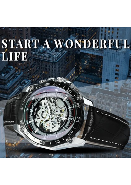 Kahve-Sıyah-Beyaz Kazanan Steampunk Izle Erkekler Için Mekanik Kol Saatleri Üst Marka Lüks Deri Kayış Saatler Erkek 2021 Reloj Hombre (Yurt Dışından)