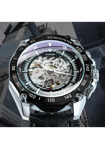 Kahve-Sıyah-Beyaz Kazanan Steampunk Izle Erkekler Için Mekanik Kol Saatleri Üst Marka Lüks Deri Kayış Saatler Erkek 2021 Reloj Hombre (Yurt Dışından)