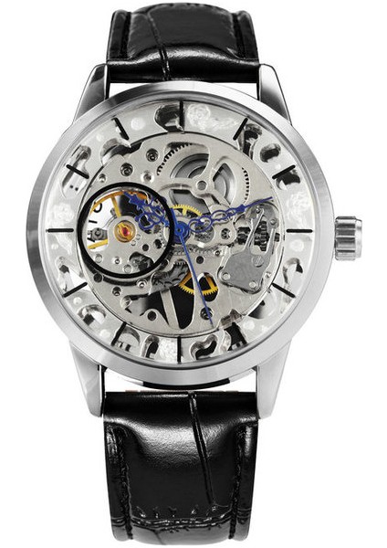 Gümüş Mekanik Izle Erkekler Rahat Kol Saati Mavi Eller Hollow-Out Dial Moda Saatler Erkek Kazanan Saat Montre Homme Yeni (Yurt Dışından)