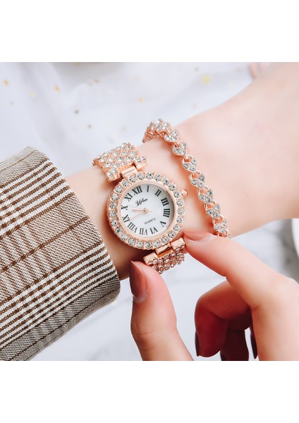 Gül Altın Lüks Kadın Gül Altın Izle Moda Bayanlar Kuvars Elmas Kol Saati Zarif Kadın Bilezik Saatler 2 Adet Set Reloj Mujer (Yurt Dışından)