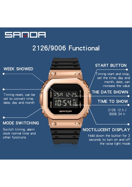 2126 Erkekler Siyah Gül Sanda Askeri G Tarzı Erkek LED Dijital Saat Erkekler ve Kadınlar Çift Saat Su Geçirmez Eğlence Adam Bilek Izle Relogio Masculino (Yurt Dışından)