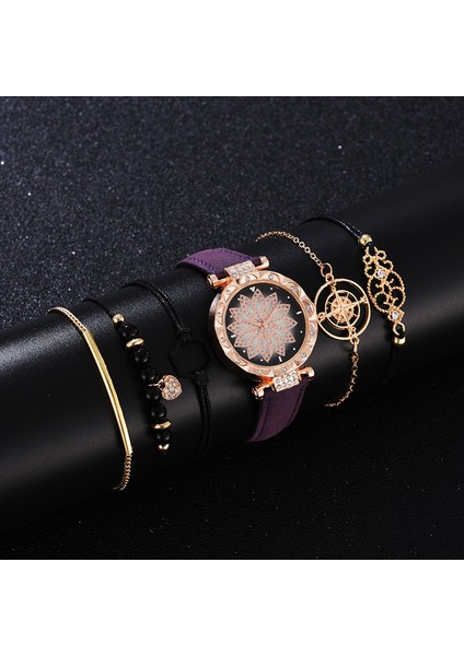 Mor C 5 Adet Gaiety Yepyeni Lüks Moda Bilezik Saat Seti Kadınlar Bayanlar Kol Saati Saatler Bayanlar Relogio Feminino Reloj Mujer (Yurt Dışından)