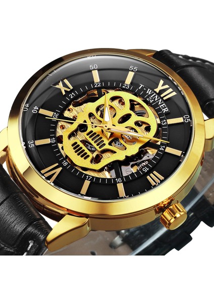 Gümüş Sıyah Kazanan Resmi Steampunk Kafatası Izle Erkekler Üst Marka Lüks Otomatik Mekanik Saatler Deri Kayış Rahat Erkek Saat (Yurt Dışından) fırsatları