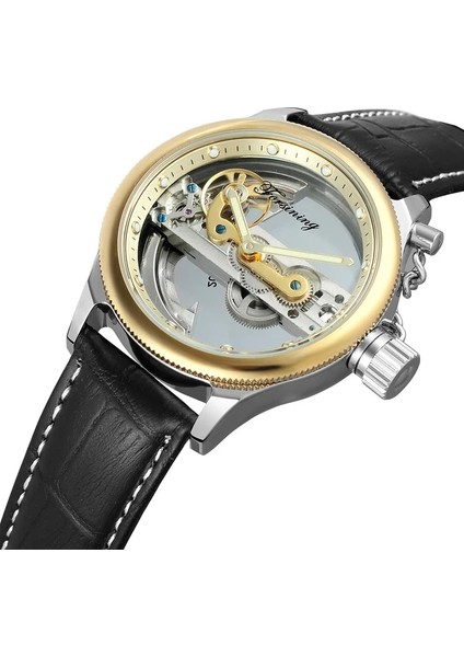 04 Forsınıng Mekanik Saat Dairesel Tırnak Terazisi Siyah Kuşak Izle Gündelik Moda Tam Içi Boş Yatay Mekanik Saat (Yurt Dışından)