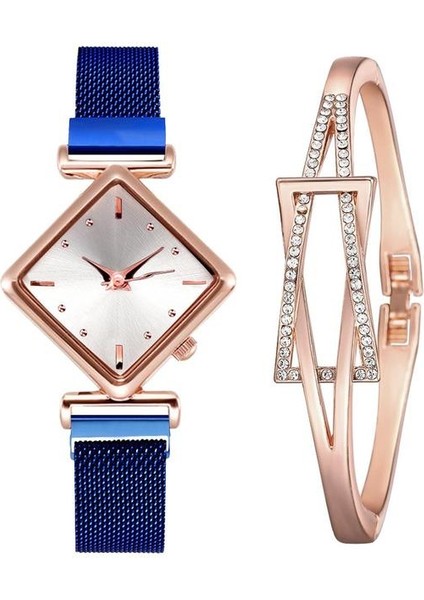 Mavi Set Kadın Manyetik Bilezik Saatler Set Kadın Lüks Kare Bilezik Kuvars Saatı Bayanlar Elbise Saat Relogio Feminino (Yurt Dışından)