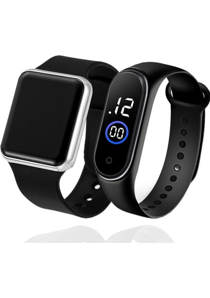 Siyah Siyah Gümüş 2 Adet Erkek Spor LED Dijital Saat Erkek Kadın Su Geçirmez Rahat Elektronik Saatler Unisex Silikon Kol Saati Relojes Hombre (Yurt Dışından)