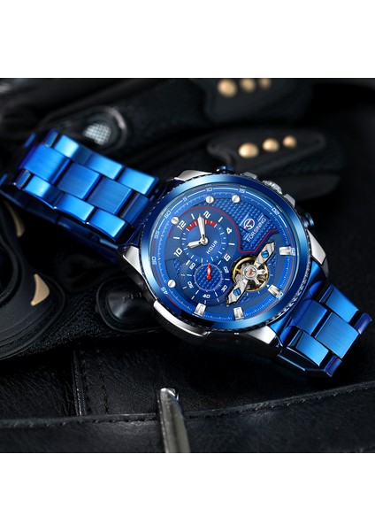 Siyah Forsınıng Mavi Izle Basit Içi Boş Volan Mekanik Saat Dairesel Çelik Bantlı Saat Alaşımlı Mekanik Saat (Yurt Dışından) fırsatları