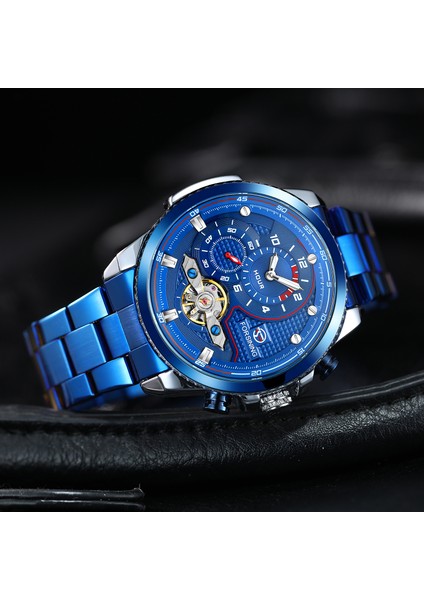 Siyah Forsınıng Mavi Izle Basit Içi Boş Volan Mekanik Saat Dairesel Çelik Bantlı Saat Alaşımlı Mekanik Saat (Yurt Dışından) indirimleri