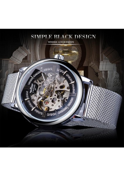 GMT1130-7 Kazanan Moda Gümüş Mekanik Saat Otomatik Erkek Örgü Bant Steampunk Şeffaf Paslanmaz Çelik Spor Kol Saati (Yurt Dışından) modelleri