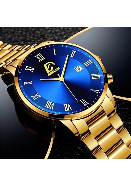 S Siyah Mavi Reloj Hombre Moda Erkek Paslanmaz Çelik Saatler Lüks Takvim Kuvars Kol Saati Erkekler Iş Gündelik Saat Relogio Masculino (Yurt Dışından)