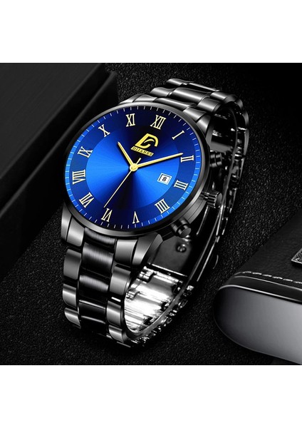 S Siyah Mavi Reloj Hombre Moda Erkek Paslanmaz Çelik Saatler Lüks Takvim Kuvars Kol Saati Erkekler Iş Gündelik Saat Relogio Masculino (Yurt Dışından)