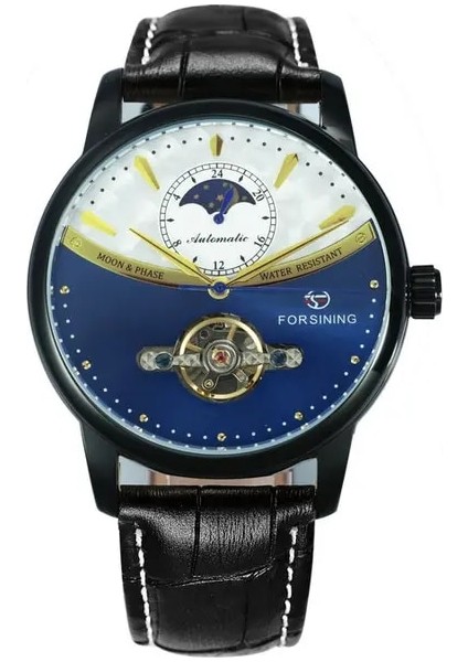 Sıyah-Mavı Forsining Mekanik Izle Erkekler Otomatik Klasik Mavi Ay Fazı Tourbillon Hakiki Deri Saatler Relogio Masculino Dropship (Yurt Dışından)