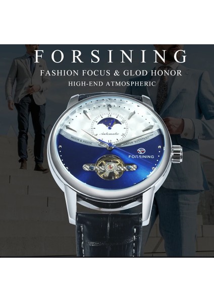 Sıyah-Mavı Forsining Mekanik Izle Erkekler Otomatik Klasik Mavi Ay Fazı Tourbillon Hakiki Deri Saatler Relogio Masculino Dropship (Yurt Dışından) fiyatları