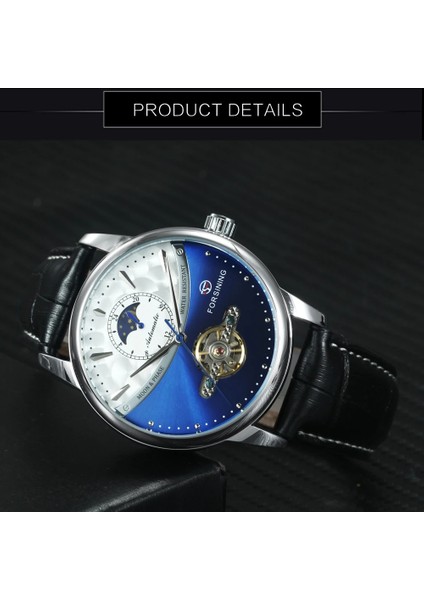 Sıyah-Mavı Forsining Mekanik Izle Erkekler Otomatik Klasik Mavi Ay Fazı Tourbillon Hakiki Deri Saatler Relogio Masculino Dropship (Yurt Dışından) modelleri