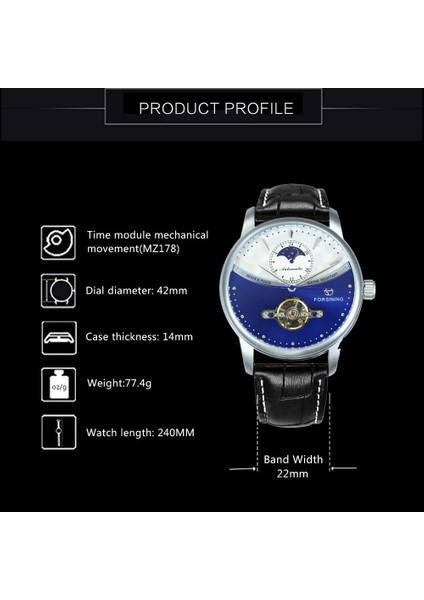 Sıyah-Mavı Forsining Mekanik Izle Erkekler Otomatik Klasik Mavi Ay Fazı Tourbillon Hakiki Deri Saatler Relogio Masculino Dropship (Yurt Dışından) fırsatları