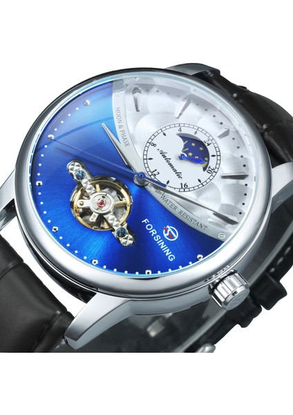 Sıyah-Mavı Forsining Mekanik Izle Erkekler Otomatik Klasik Mavi Ay Fazı Tourbillon Hakiki Deri Saatler Relogio Masculino Dropship (Yurt Dışından) indirimleri