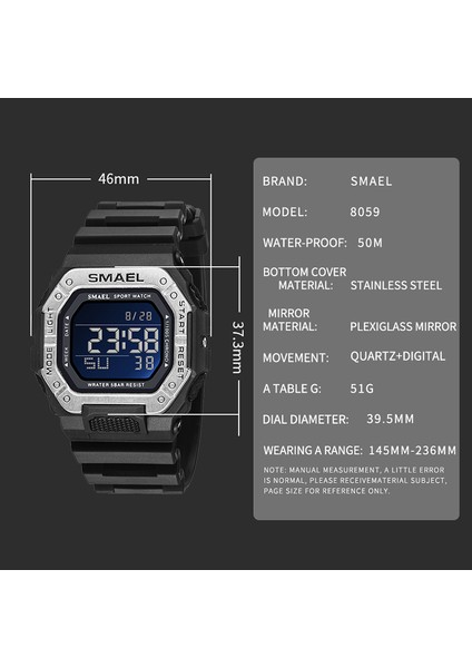 8059KIRMIZI-SİYAH Spor Saatler Dijital Smael Marka LED Saat Su Geçirmez Otomatik Tarih Askeri Ordu Yeşil Kare Kol Saatleri 8059 Erkekler Izle Dijital (Yurt Dışından) indirimleri