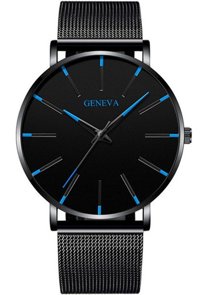 Örgü Siyah Mavi Erkek Moda Minimalist Ultra Ince Erkekler Için Saatler Basit Iş Paslanmaz Çelik Hasır Kemer Kuvars Izle Relogio Masculino (Yurt Dışından)