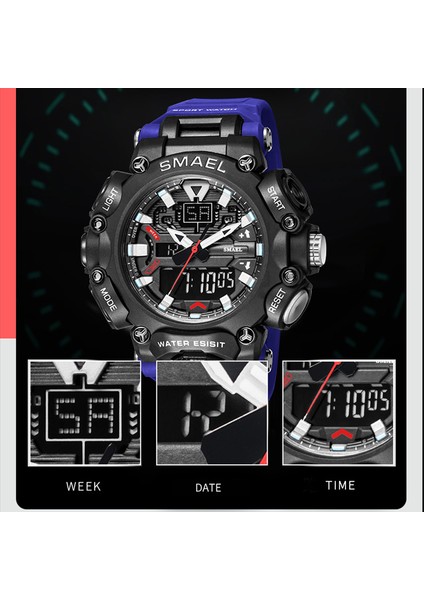 Sıyah Askeri Izle Spor Su Geçirmez 50 M Kronometre Analog Dijital Kol Saatleri Hafta Ekran Çalar Saat 8053 Dijital Saatler Erkek (Yurt Dışından)